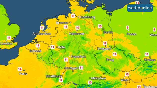 Wetterkarte mit Temperaturen um 10 bis 12 Grad in Deutschland und Nachbarländern.