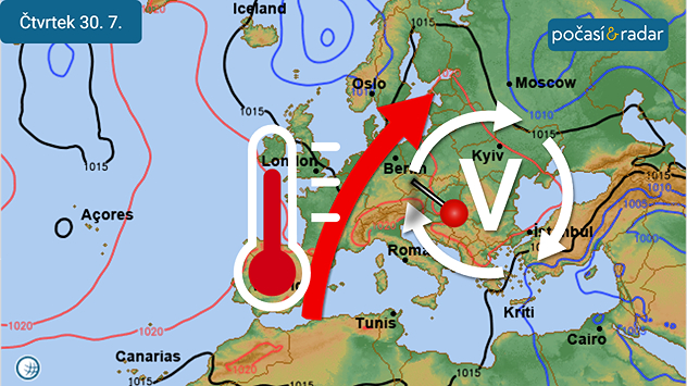 Předpověď synoptické situace nad Evropou na čtvrtek 30. 7.: Počasí v Česku bude v nejbližších dnech ovlivňovat tlaková výše, po jejíž zadní straně k nám začne proudit velmi teplý vzduch od jihu až jihozápadu.