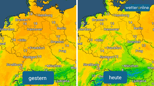 TemperaturRadar zeigt Unterschiede zwischen gestern und heute