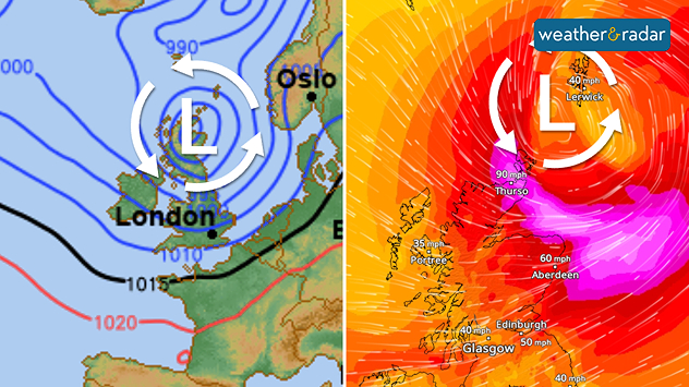 Split weather graphic showing pressure map with tight isobars over the UK on the left and wind radar on the right with a deep low-pressure system and strong winds up to 90 mph near northern Scotland.