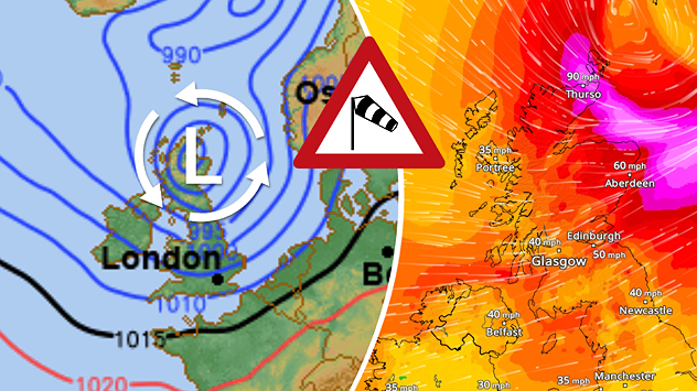 Split weather graphic showing a low-pressure system with tight isobars over the UK on the left and a wind map on the right with strong gusts up to 90 mph, plus a windsock warning icon.