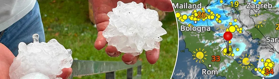 Zwei Hände halten riesige Hagelkörner, daneben eine Wetterkarte mit Gewittern und vielen Blitzen über der Adriaküste und dem westlichen Balkan.