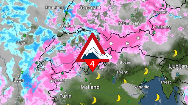 Carte météo des Alpes avec des chutes de neige importantes en rose et un niveau d'alerte avalanche 4. La Suisse, l'Autriche et le nord de l'Italie sont concernés.