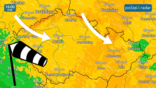 Větrný radar, screenshot, 21. 9. 16:00: Pondělí do Česka přináší chladné a také poměrně dosti větrné počasí.