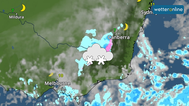 WetterRadar mit Schneesymbol über Südostaustralien, Schneefall im Gebiet zwischen Canberra und Melbourne sichtbar.