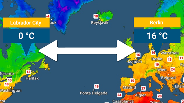 Wetterkarte zeigt den Temperaturunterschied zwischen Labrador City (0 °C) und Berlin (16 °C) mit farblich markierten Regionen und Pfeil.