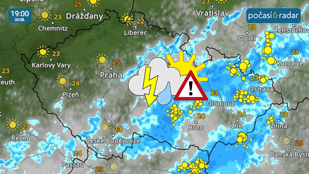 Meteoradar, screenshot, 20. srpna 19:00: Ve čtvrtek odpoledne a večer se výskyt bouřek (i silnějších) očekává zejména v jihovýchodní polovině naší země.