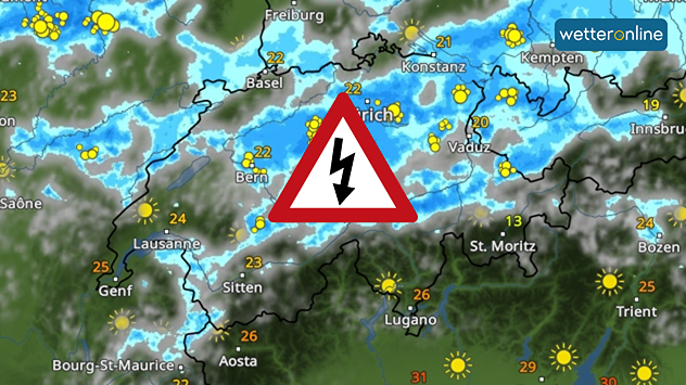 Wetterkarte der Schweiz mit Gewitterwarnsymbol und regionaler Gewitter- und Unwettergefahr.