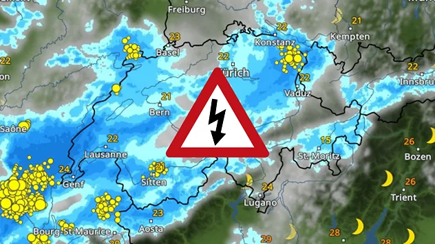 Wetterkarte der Schweiz mit Gewitterwarnsymbol und regionaler Gewitter- und Unwettergefahr.