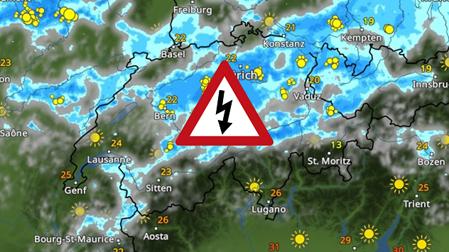 Wetterkarte der Schweiz mit Gewitterwarnsymbol und regionaler Gewitter- und Unwettergefahr.