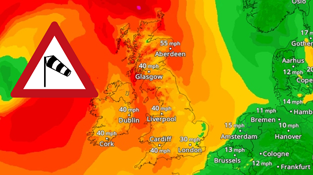 Weather map of the UK and Ireland showing wind speeds with red-orange shading indicating 40–55 mph gusts, strongest near Aberdeen; warning sign with wind sock icon overlaid.