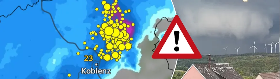 Splitbild. Links eine Wetterkarte mit Regen, Blitzen und Temperaturen