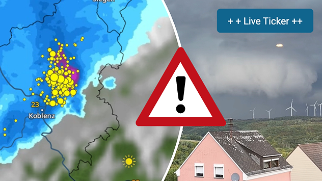 Splitbild. Links eine Wetterkarte mit Regen, Blitzen und Temperaturen