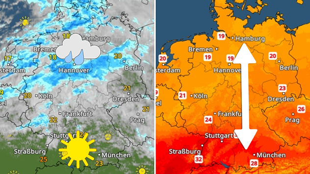 Große Wetterkontraste in Deutschland mit Regen und kühlerer Luft im Norden und viel Sonne und Hitze im Süden.