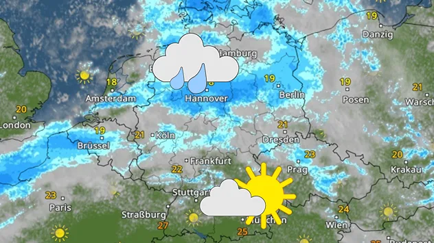 Wetterkarte für Mittwoch mit Regen im Norden und Westen sowie Sonne und höheren Temperaturen im Süden.