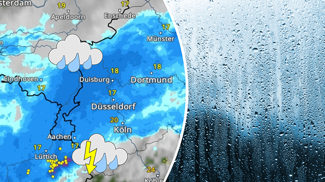 Splitbild. Links Wetterkarte mit Regen und Gewittern - rechts ein nasses Fenster.