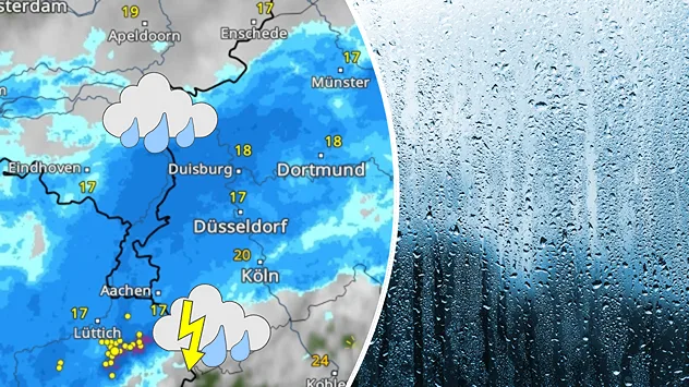 Splitbild. Links Wetterkarte mit Regen und Gewittern - rechts ein nasses Fenster.