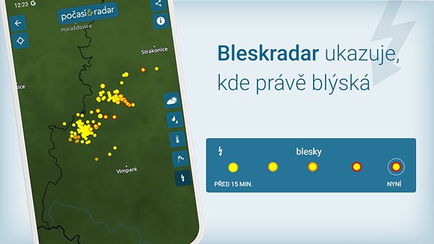 Telefon s aplikací Počasí & Radar a Bleskradarem s vysvětlivkami, jakou barvou jsou zobrazeny blesky a jejich intenzita.