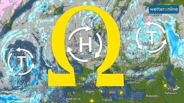 WetterRadar-Karte von WetterOnline zeigt eine blockierende Omega-Wetterlage: Ein stabiles Hoch über Großbritannien (H), flankiert von zwei Tiefdruckgebieten (T), sorgt für ein typisches Muster für anhaltend graues Wetter im Herbst und Winter.