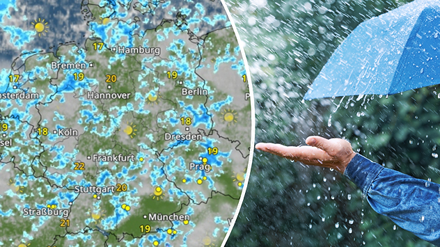 Links: WetterRadar mit Schauern Rechts: Regenschirm mit Regentropfen