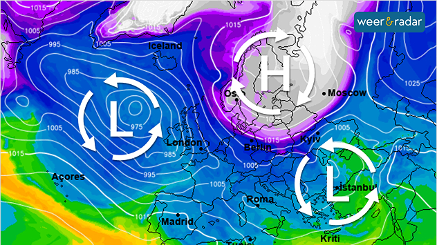 De weerkaart voor eind van de week toont nog steeds een sterk hogedrukgebied boven Scandinavië met felle kou dicht bij ons in de buurt. Een lagedrukgebied op de oceaan stuurt daarentegen zachte lucht onze kant op.