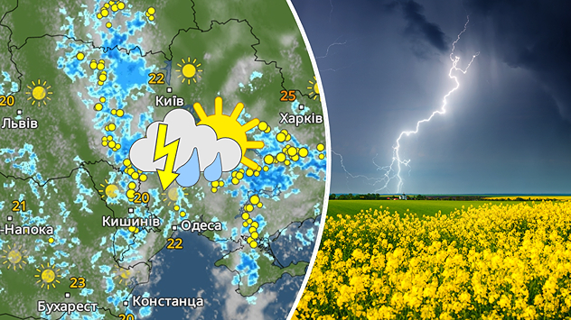 Зліва карта погоди для України. Справа блискавка над полем.