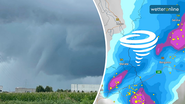 Grafik zeigt einen Tornado und das zugehörige WetterRadar