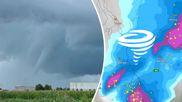 Grafik zeigt einen Tornado und das zugehörige WetterRadar