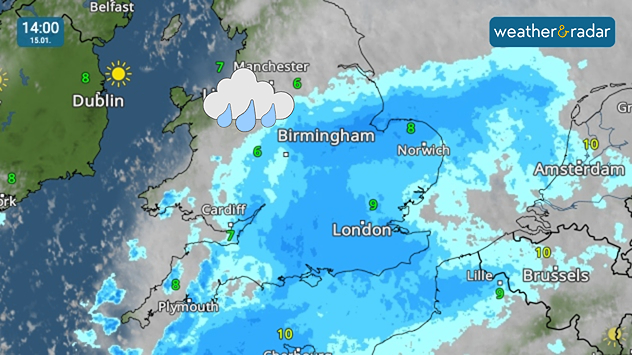 Daytime weather radar map at 14:00 on 15 January showing widespread blue rain bands across England and Wales, with heavier rain over the Midlands and southeast, city temperature labels, and a rain cloud icon near Birmingham.