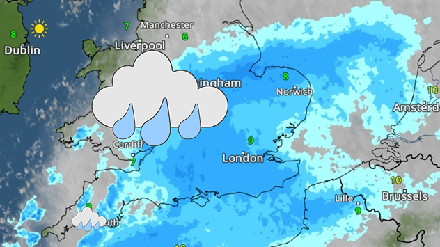 Weather radar map showing widespread heavy rain across southern and eastern England, with blue precipitation shading, city temperatures for London, Norwich, and Cardiff, and a large rain cloud icon over Wales and western England.