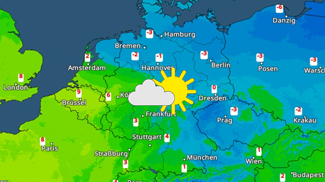 TemperaturRadar zeigt Ende der Woche Dauerfrost im Nordosten und mildere Luft im Westen. Dazu ein Wettersymbol mit Sonne und Wolken.