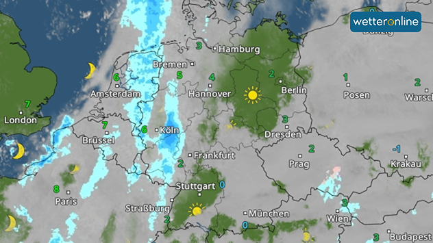 Wetterkarte mit Niederschlagsfeldern im Westen und Auflockerungen im Osten Deutschlands bei 0 bis 7 Grad.