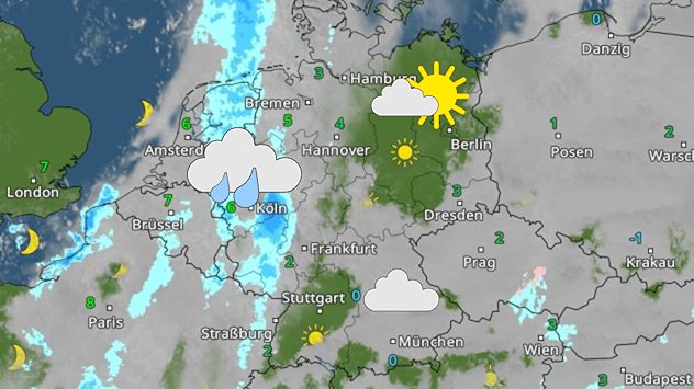 Wetterkarte mit Niederschlagsfeldern im Westen und Auflockerungen im Osten Deutschlands bei 0 bis 7 Grad.
