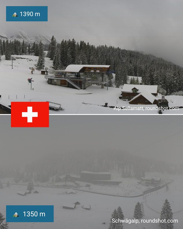 Two webcam images from Switzerland show snow-covered mountain landscapes. The top image shows a valley station at 1,390 m covered in fresh snow, whilst the bottom image shows heavy snowfall on the Schwägalp at 1,350 m.