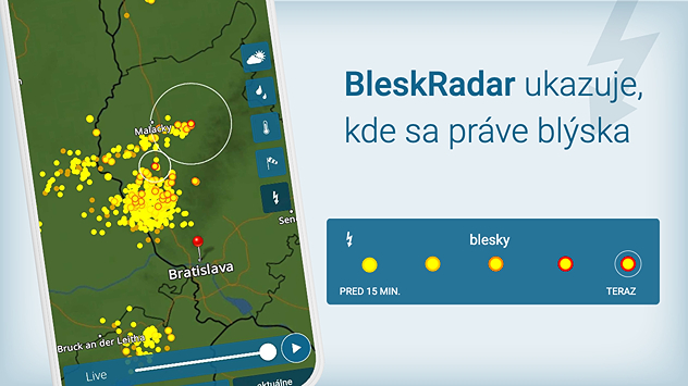 Telefón s aplikáciou Počasie & Radar a Bleskradar s vysvetlivkami, akou farbou a zobrazujú blesky a ich intenzita.
