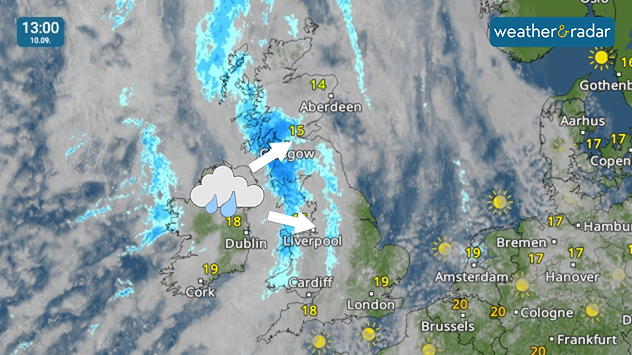 Weather map at 13:00 on 10.09 showing rain across Ireland, Scotland and northwest England, with arrows indicating showers moving east toward Liverpool.
