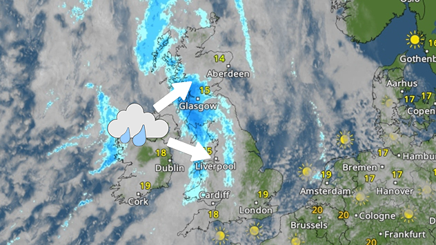 Weather map showing rain across Ireland, Scotland and northwest England, with arrows indicating showers moving east toward Liverpool.