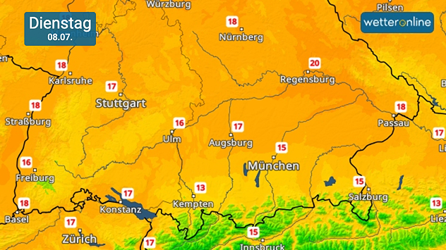 TemperaturRadar mit Höchstwerten am Dienstag im Süden