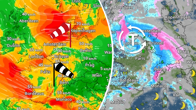 Carte météo divisée avec WindRadar à gauche et WetterRadar à droite. Champs de vent puissants et précipitations denses sur l'Europe centrale. Représentation d'une dépression tempétueuse qui s'approche.