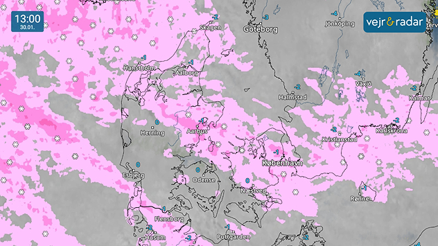 Vejrradar over Danmark kl. 13.00 den 30. januar med udbredte snebyger over store dele af landet.