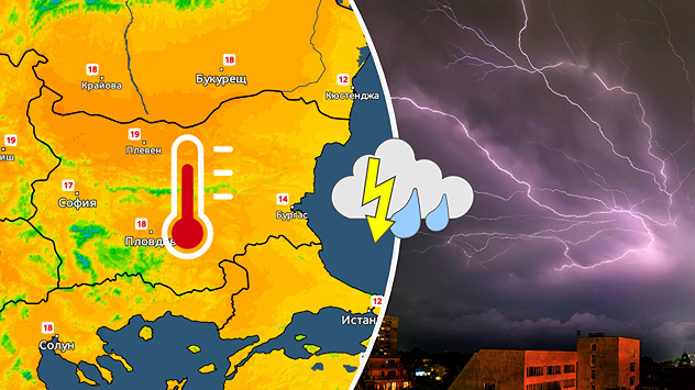Отлято: Температурната карта показва топло време над страната в четвъртък с максимали локално до 19 градуса. Отдясно: Снимка на нощтна гръмотевична буря от град Варна.