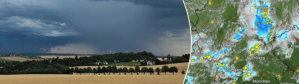 Bild eines Gewitters mit Starkregen, daneben das WetterRadar mit zahlreichen Gewittern über Deutschland