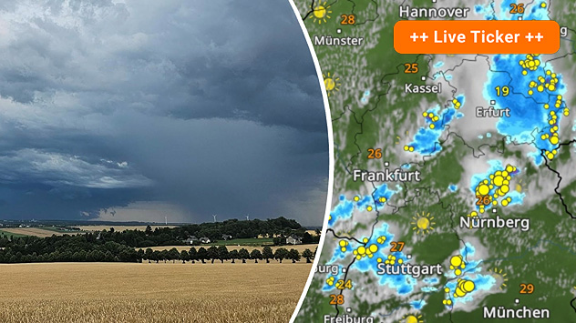 Bild eines Gewitters mit Starkregen, daneben das WetterRadar mit zahlreichen Gewittern über Deutschland