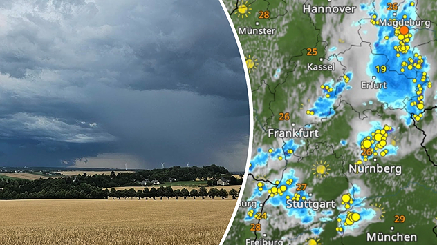 Bild eines Gewitters mit Starkregen, daneben das WetterRadar mit zahlreichen Gewittern über Deutschland