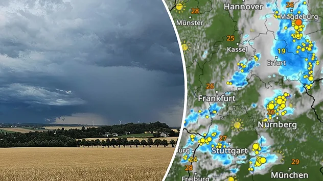 Bild eines Gewitters mit Starkregen, daneben das WetterRadar mit zahlreichen Gewittern über Deutschland