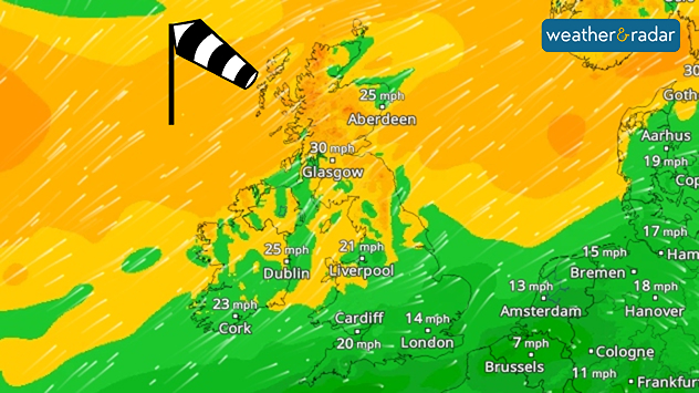 Wind map showing 30 mph winds near Glasgow, 25 mph around Aberdeen and Dublin, and lighter 14-21 mph winds across England.