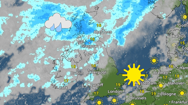 Weather map for Sunday 04.10 showing widespread showers across Scotland and the UK, with brighter spells over southeast England and temperatures of 16-19°C.