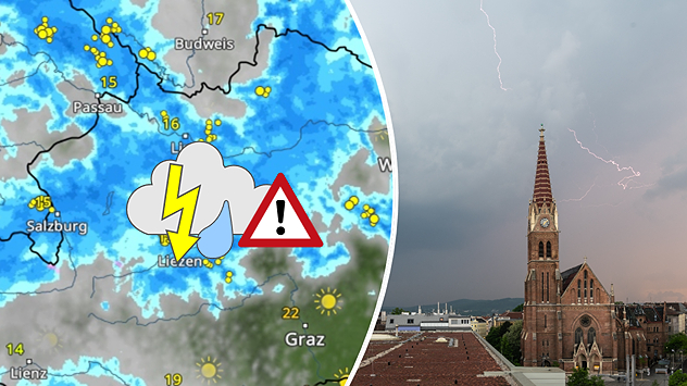 Links das WetterRadar für Österreich mit einem Gewittersymbol. Rechts eine Kirche während eines Gewitters.