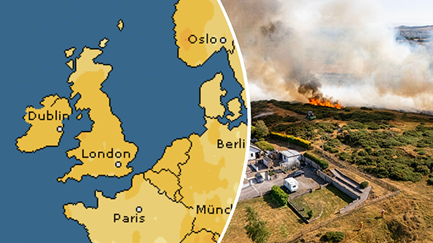 Split image showing a July rainfall anomaly map of Europe on the left with below-average rainfall across the UK, Ireland, and much of western and central Europe, and an active moorland wildfire on the right producing flames and thick smoke near homes.