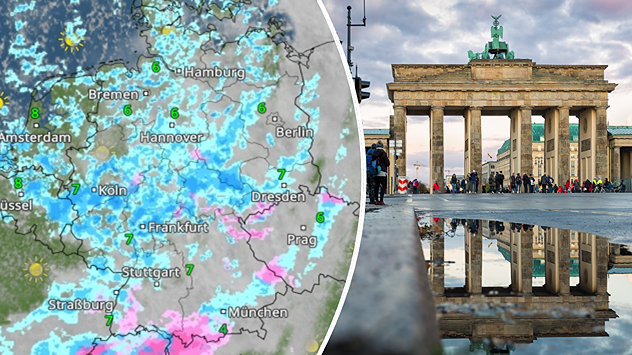 Wetterkarte mit Niederschlägen neben Brandenburger Tor im Regen. Pfütze spiegelt das Wahrzeichen, grauer Himmel und Passanten.